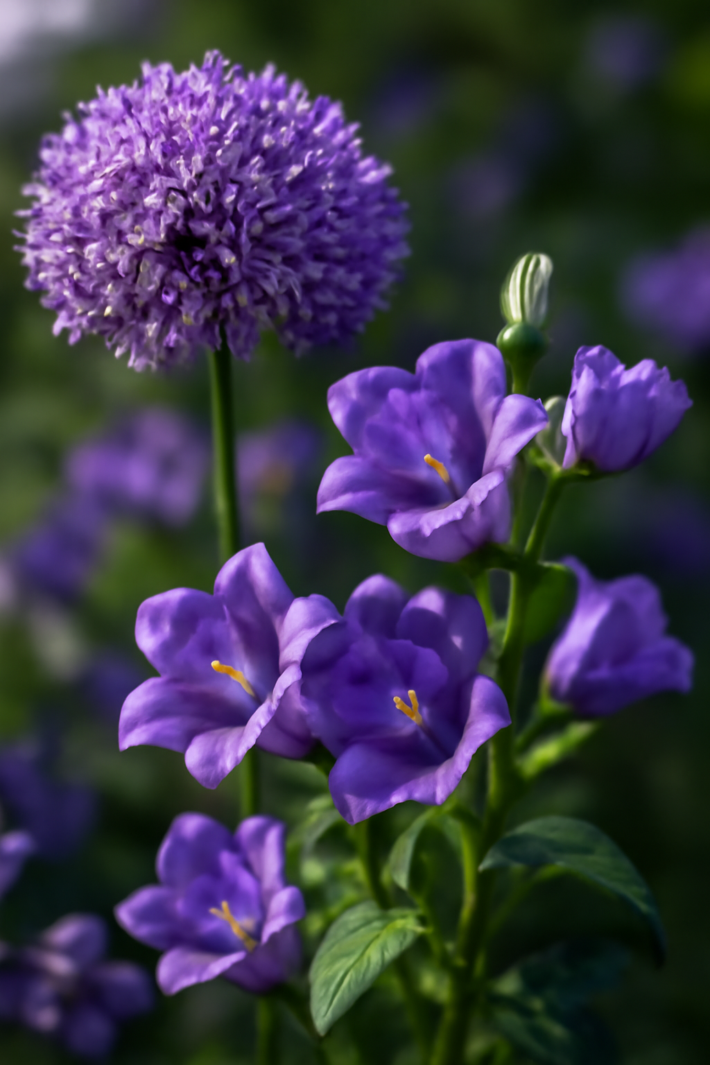Lila virágok, köztük egy gömb alakú virág és harangvirágok, zöld levelekkel.