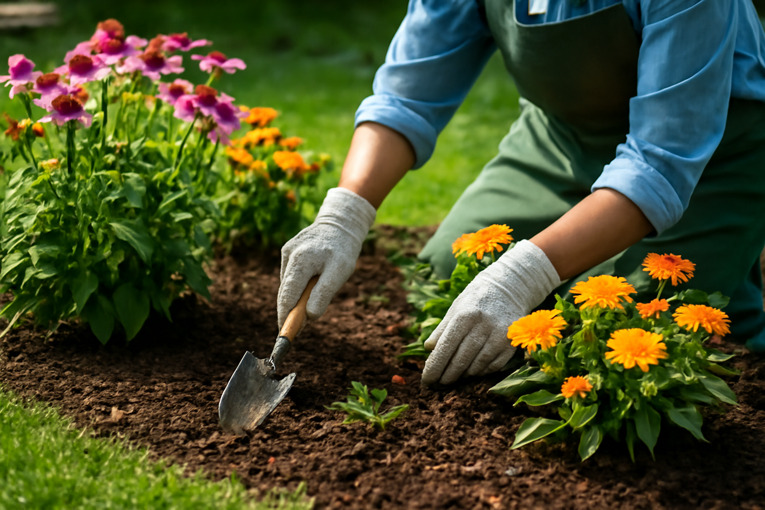 Kertész virágágyásban dolgozik, színes virágok között, gyomlálás közben.