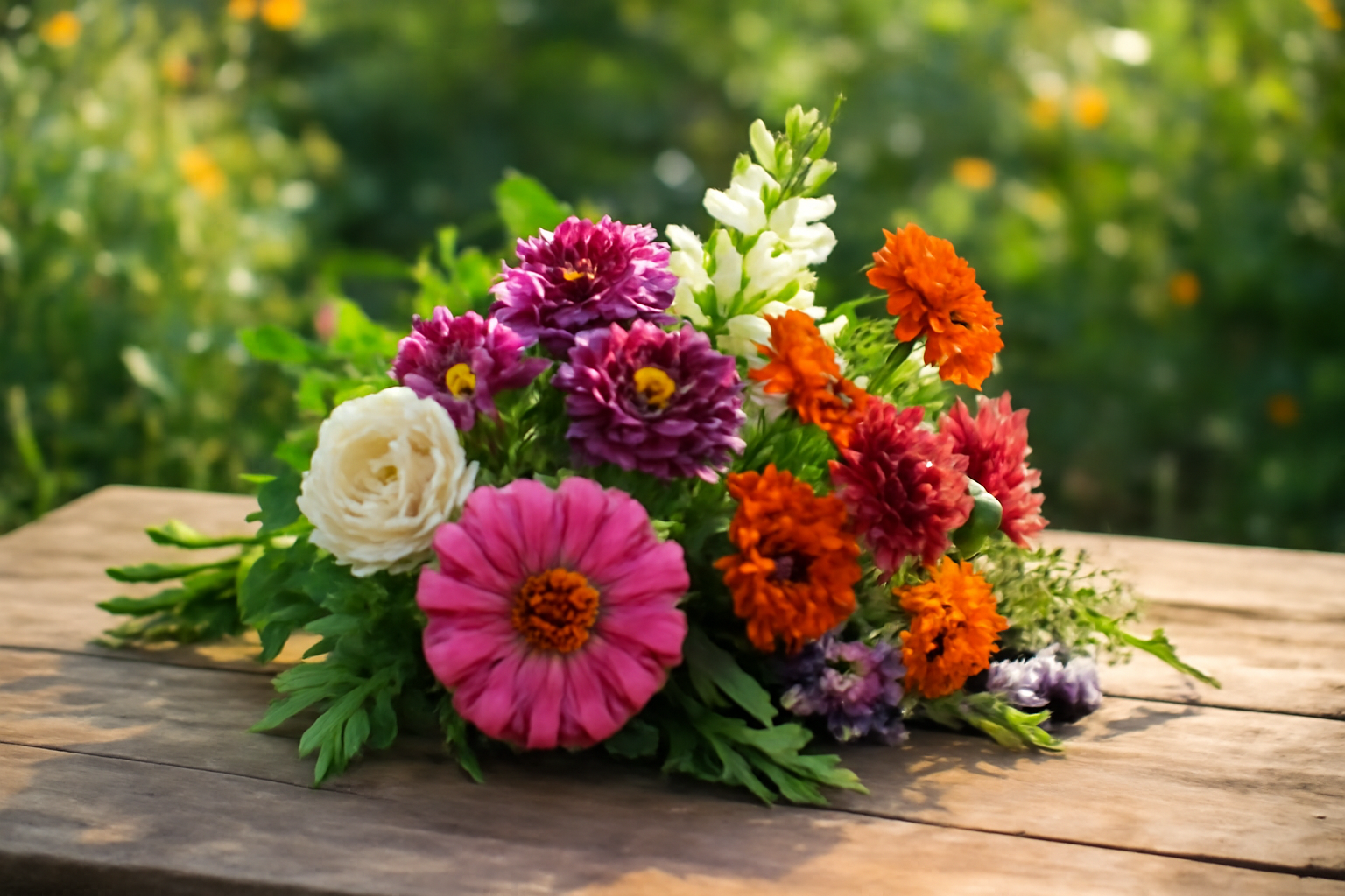 Színes vágott virágcsokor, különböző fajták és színek, zöld háttér előtt.