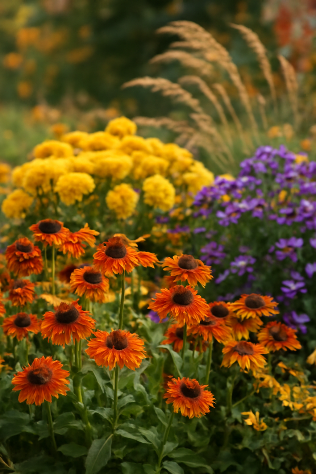 Színes őszi virágok, narancssárga, sárga és lila árnyalatokban, egy virágos kertben.