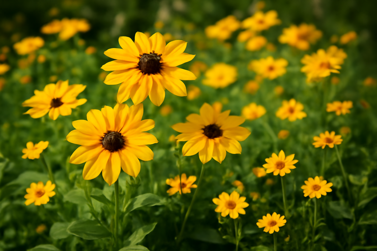 Több sárga virág, köztük napraforgók, zöld levelek között virágzik.