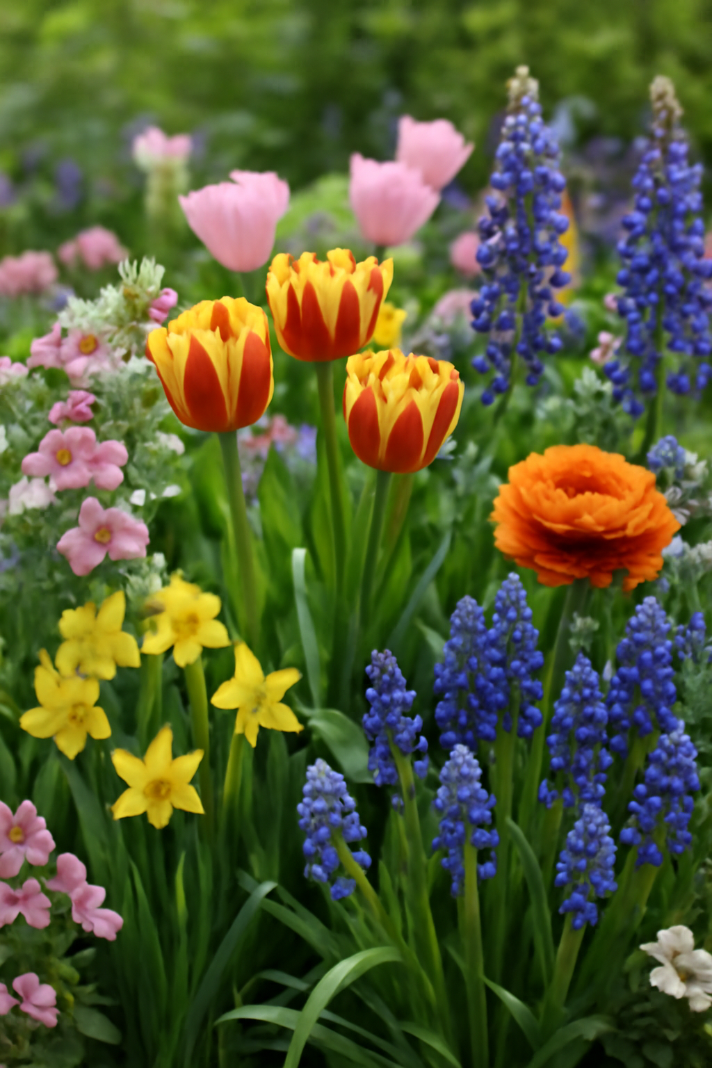 Színes tavaszi virágok, köztük tulipánok, nárciszok és kék gyöngyikék egy virágos kertben.