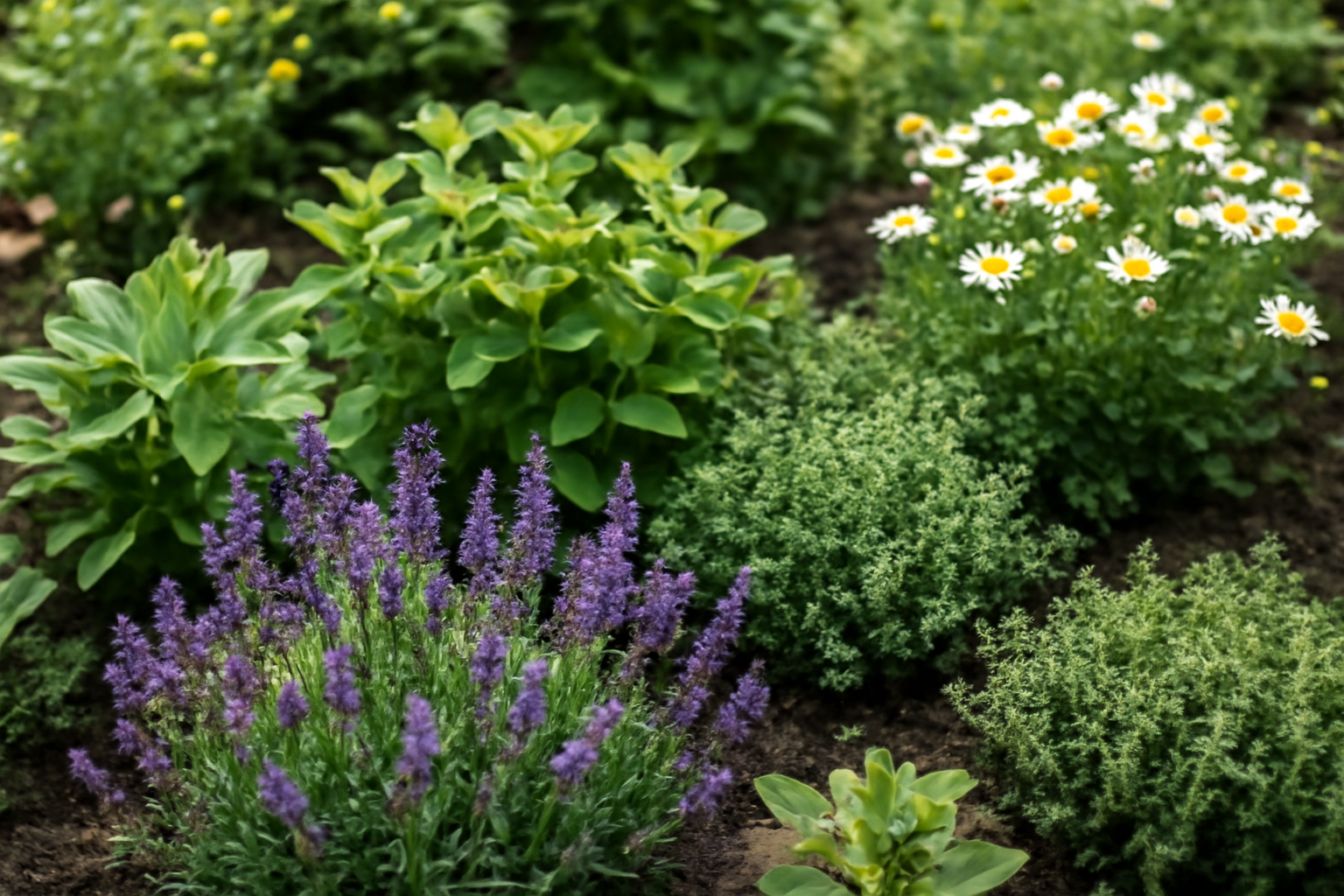 Színes virágok és gyógynövények egy ágyásban, zöld levelekkel körülvéve.