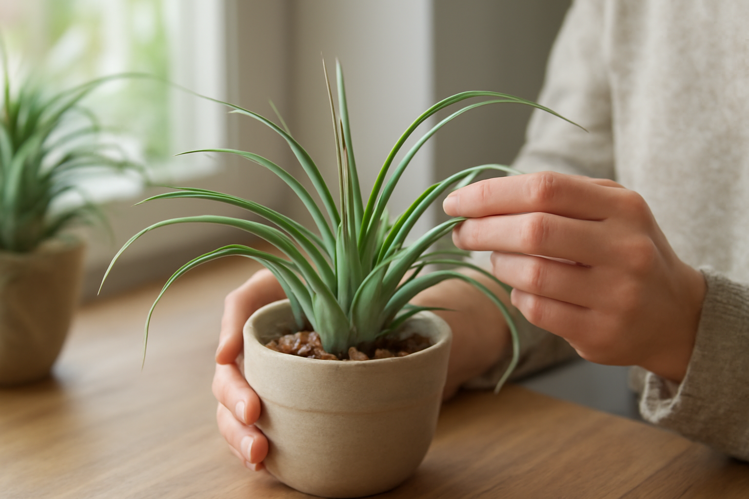 Egy személy gondoz egy tillandsia növényt, amely szobanövényként díszíti az otthont.