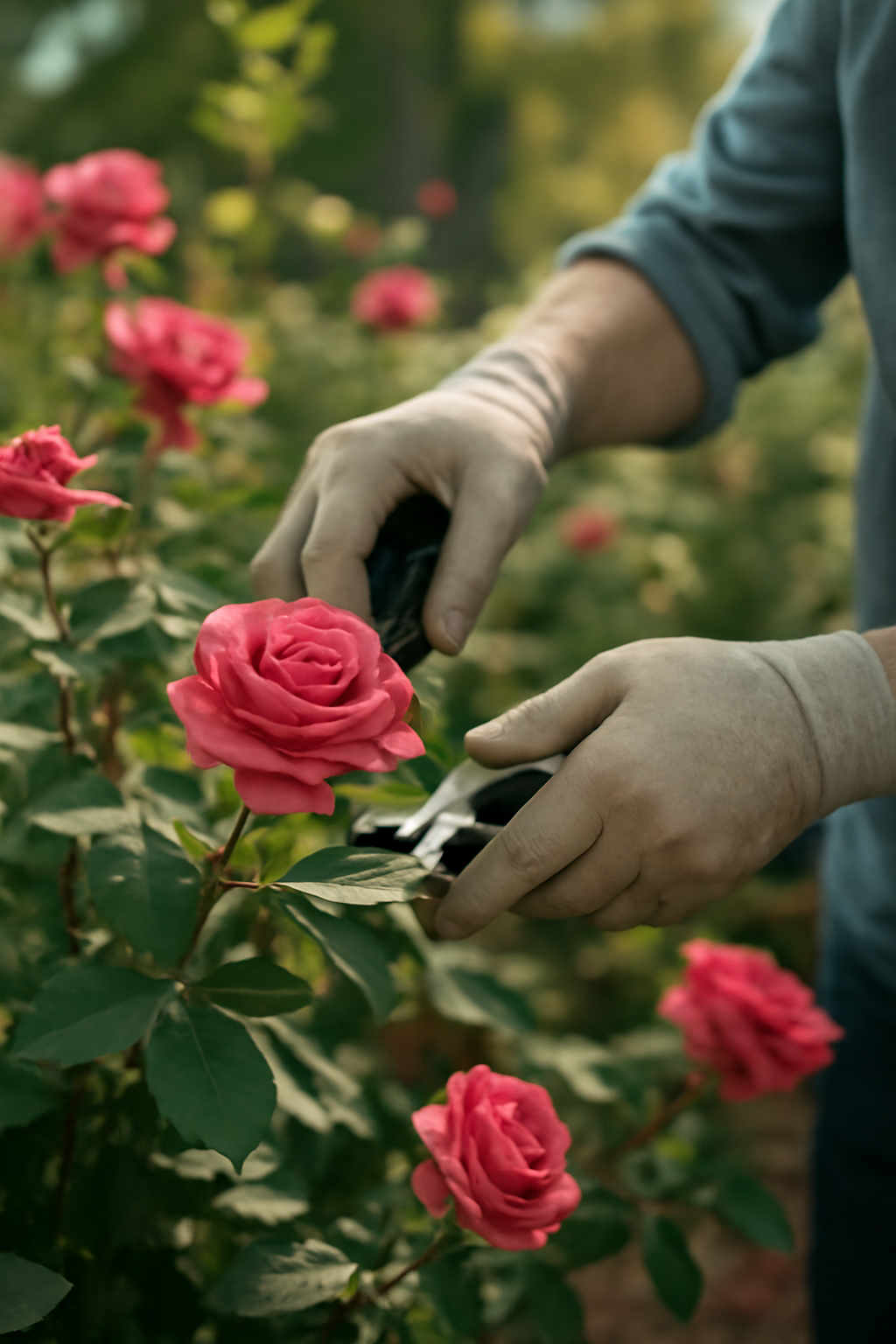 Kertész rózsát metszenek, a virágok között zöld levelek láthatók.
