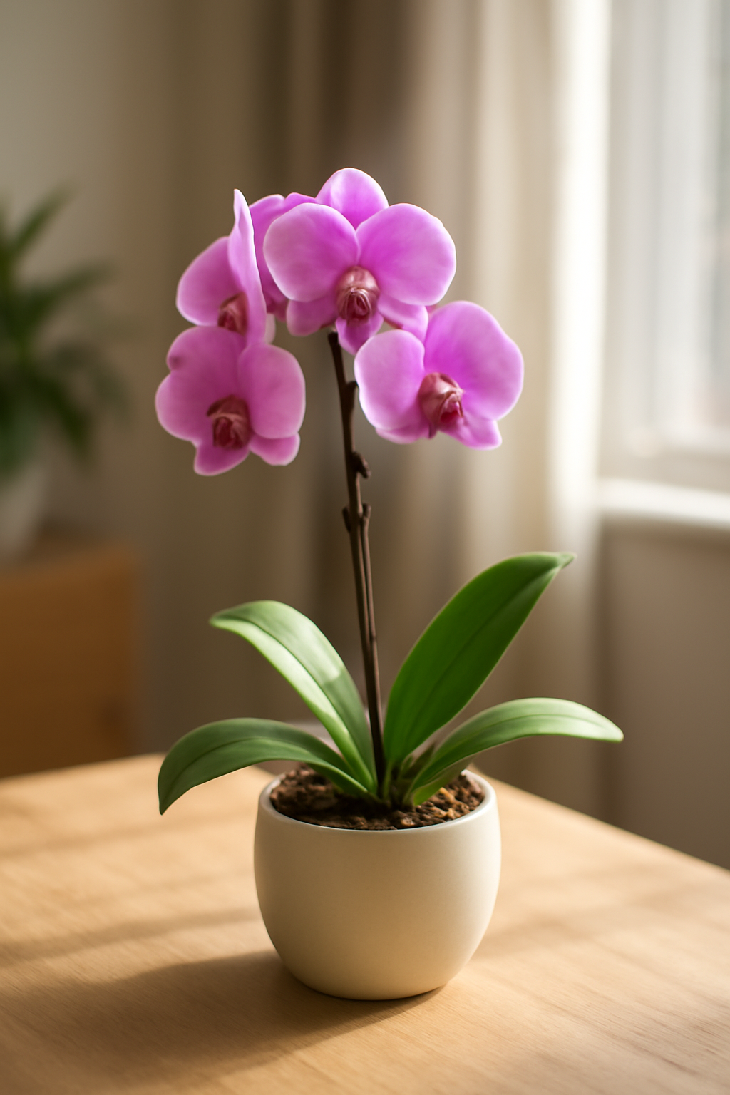 Egy gyönyörű orchidea virágzik, rózsaszín virágokkal, zöld levelekkel, otthoni környezetben.