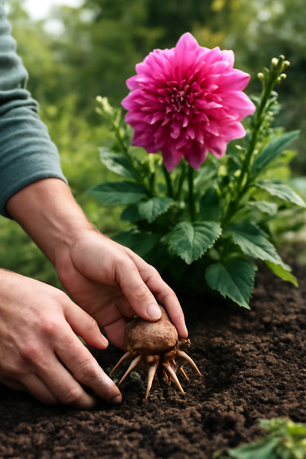 Kéz a dália gumójával, amelyet éppen ültetnek a földbe, háttérben virágzó dália.