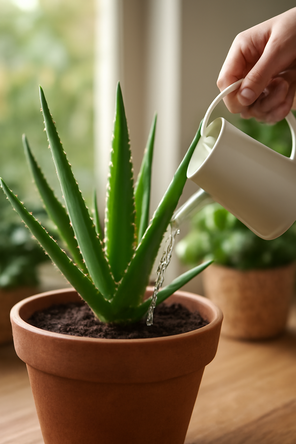 Egy kéz öntözőkanállal vizet önt az aloe vera növényre, amely egy cserépben áll.