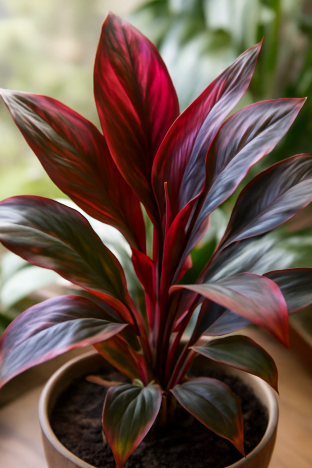 A Cordyline díszes, vörös és zöld levelekkel rendelkező szobanövény, cserépben.