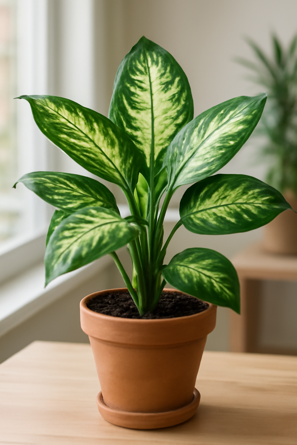 Egy dús, zöld Dieffenbachia növény, látványos levelekkel, terrakotta cserépben.