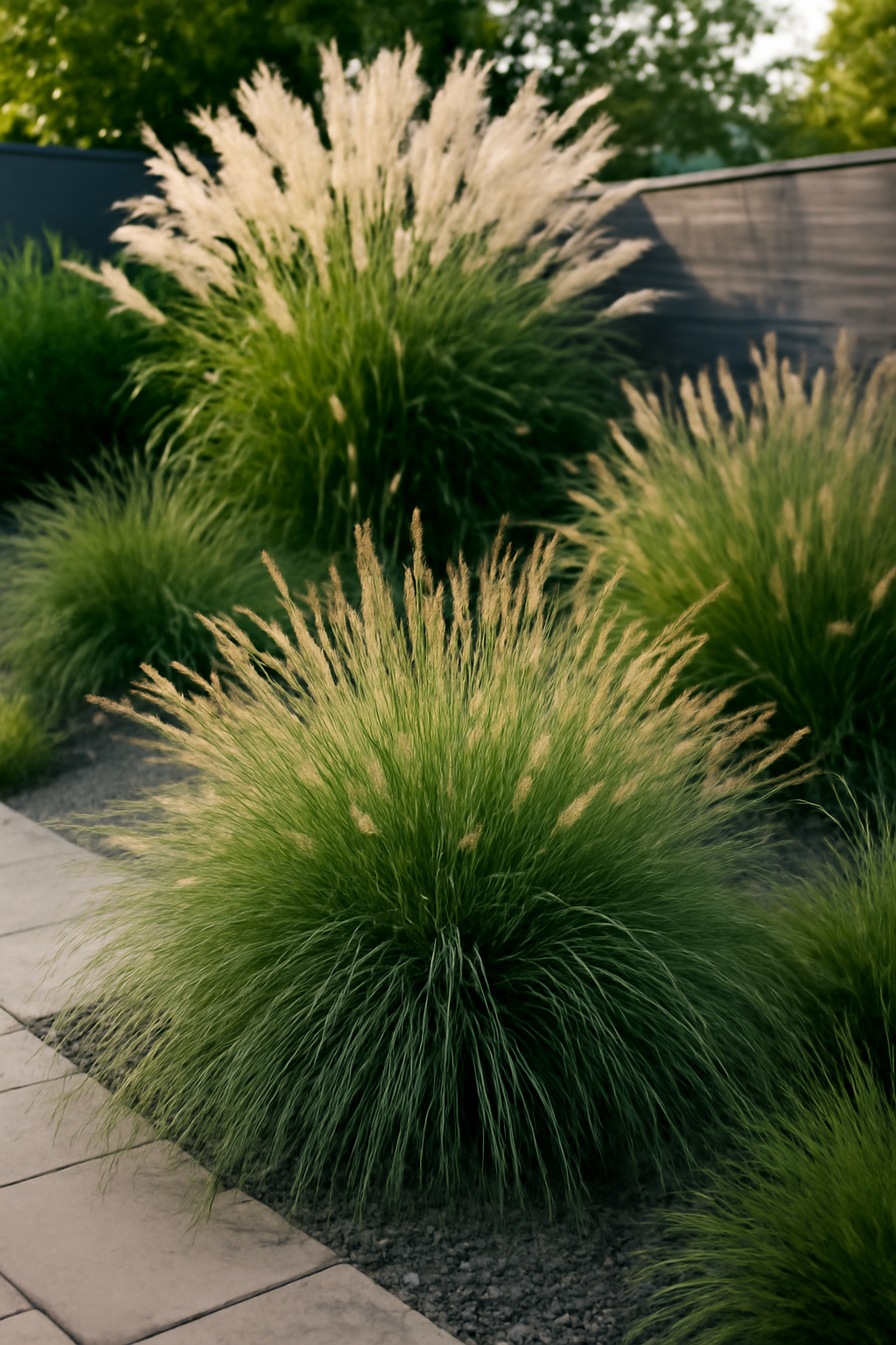 Díszfüvek zöldellő tövei, lágy virágzattal, modern kertben.