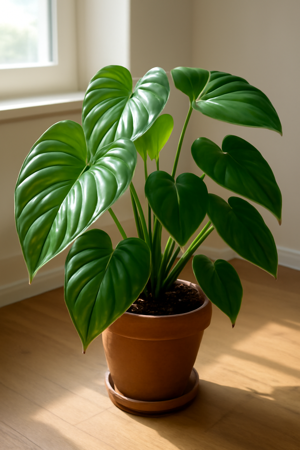 Egy filodendron szobanövény dús, zöld levelekkel, terrakotta cserépben.