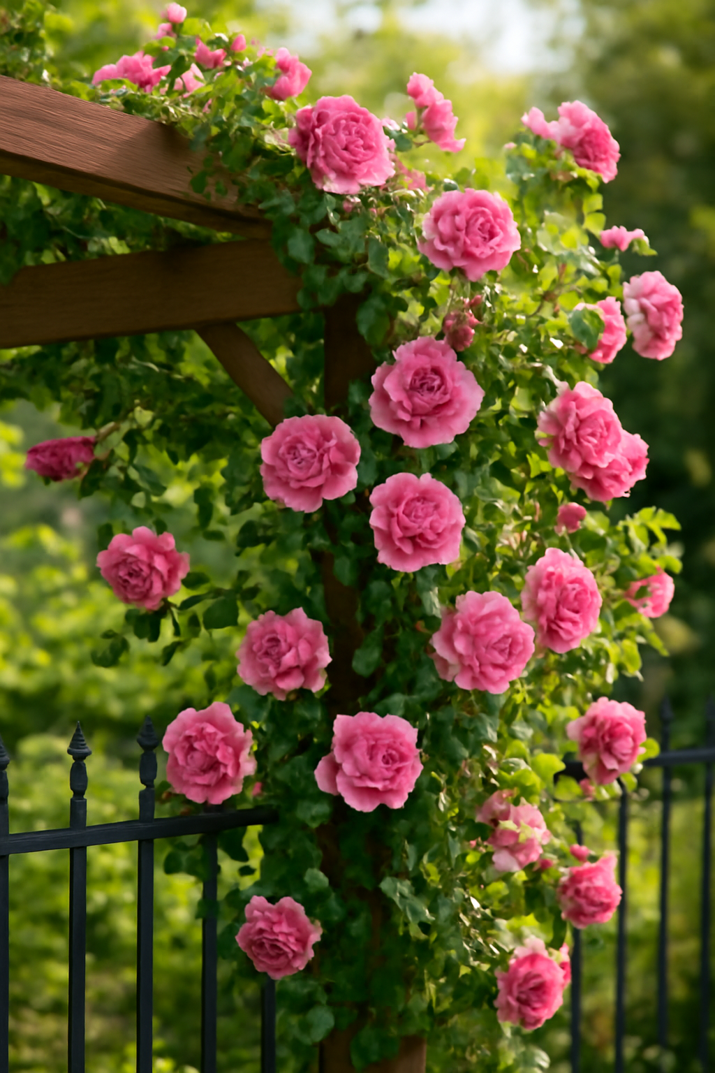 Futórózsa virágok díszítik a pergolát, élénk rózsaszín színben.