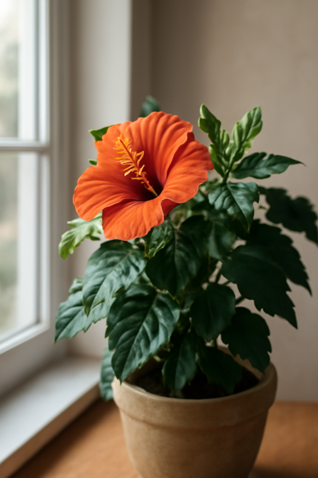 Egy szobai hibiszkusz virágzik narancssárga színben, zöld levelekkel.