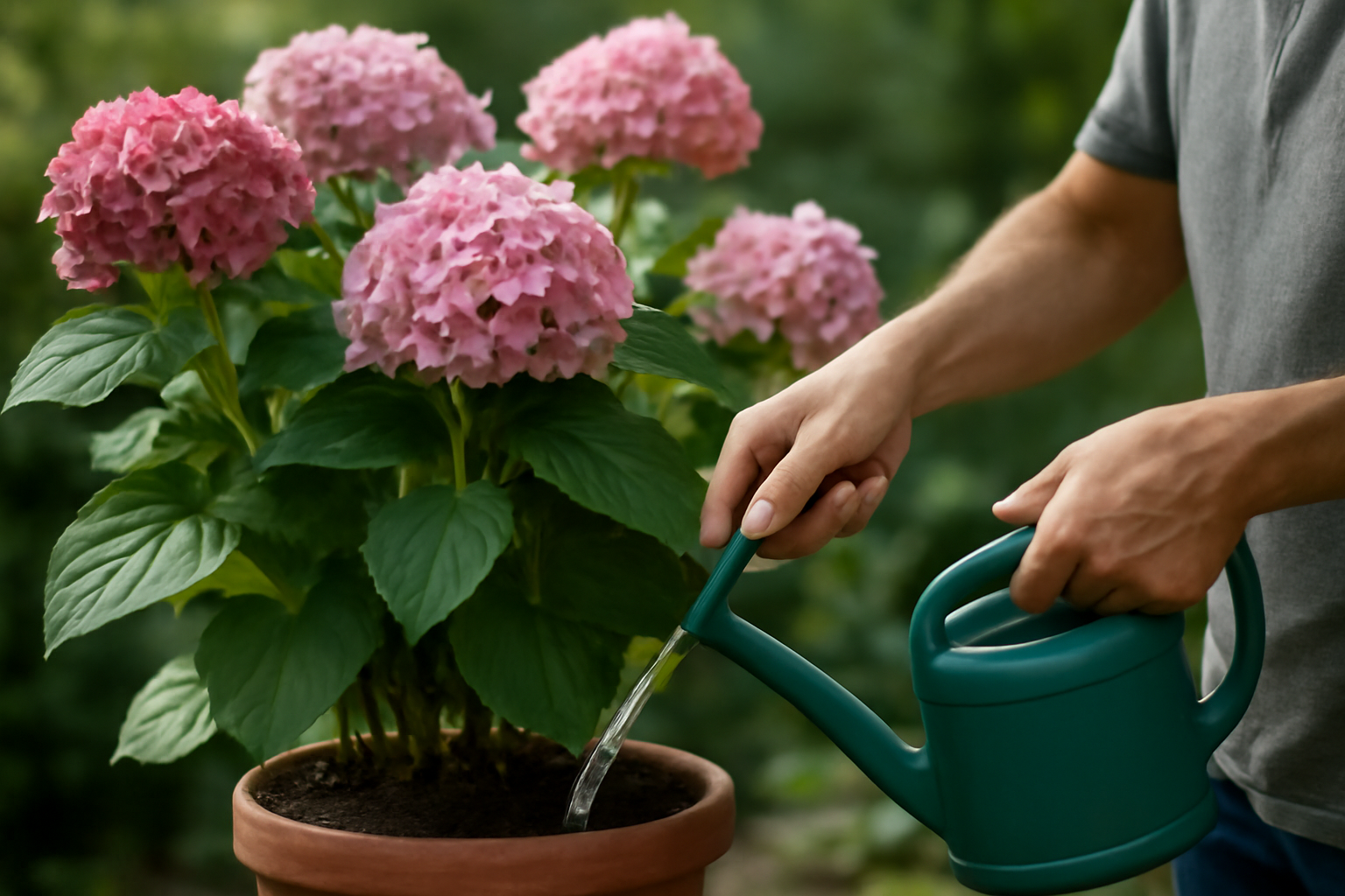 Egy kéz öntözőkanállal vizet locsol egy szép hortenziára, rózsaszín virágokkal.