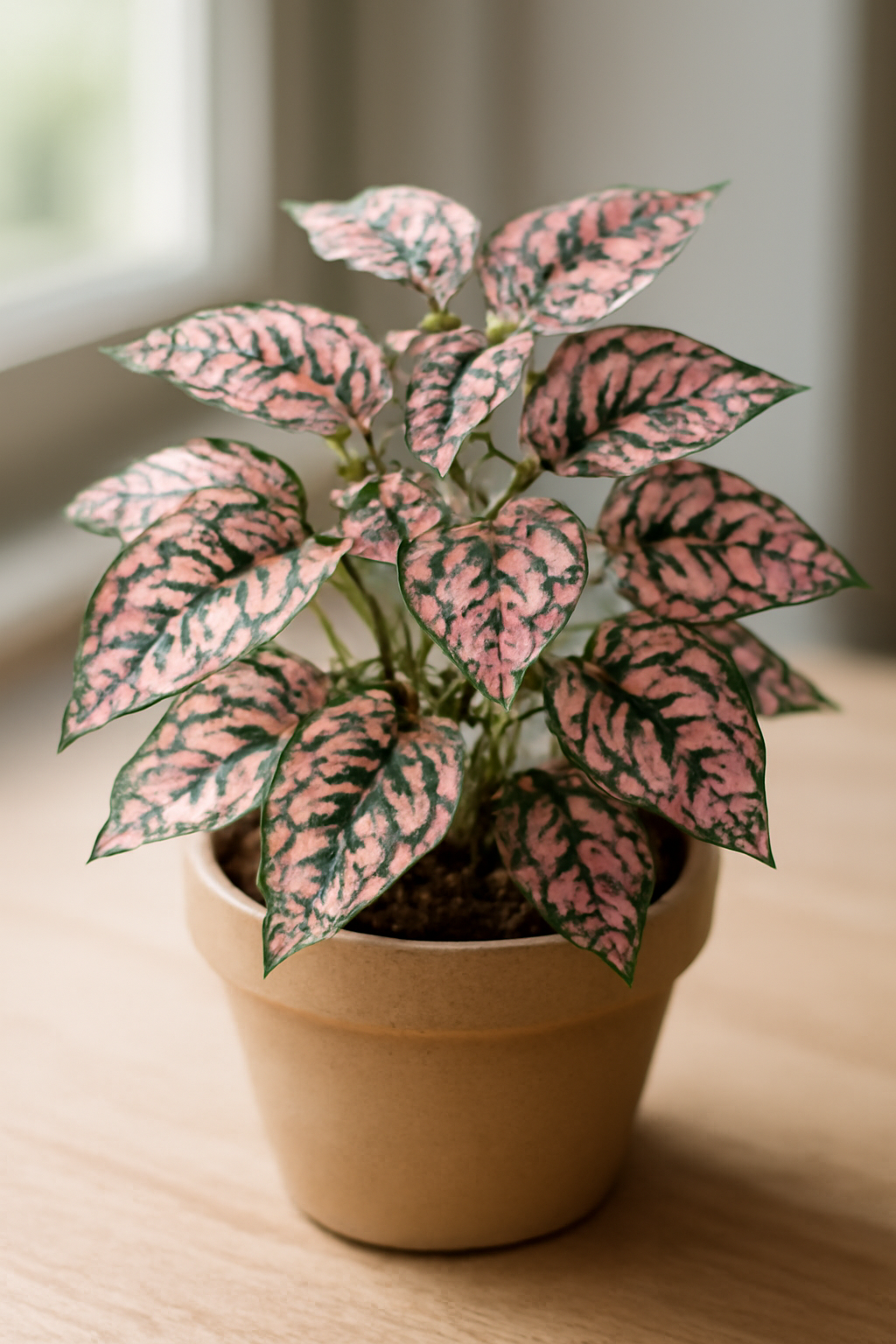 Egy szép Hypoestes növény, élénk pöttyös levelekkel, világos cserépben.