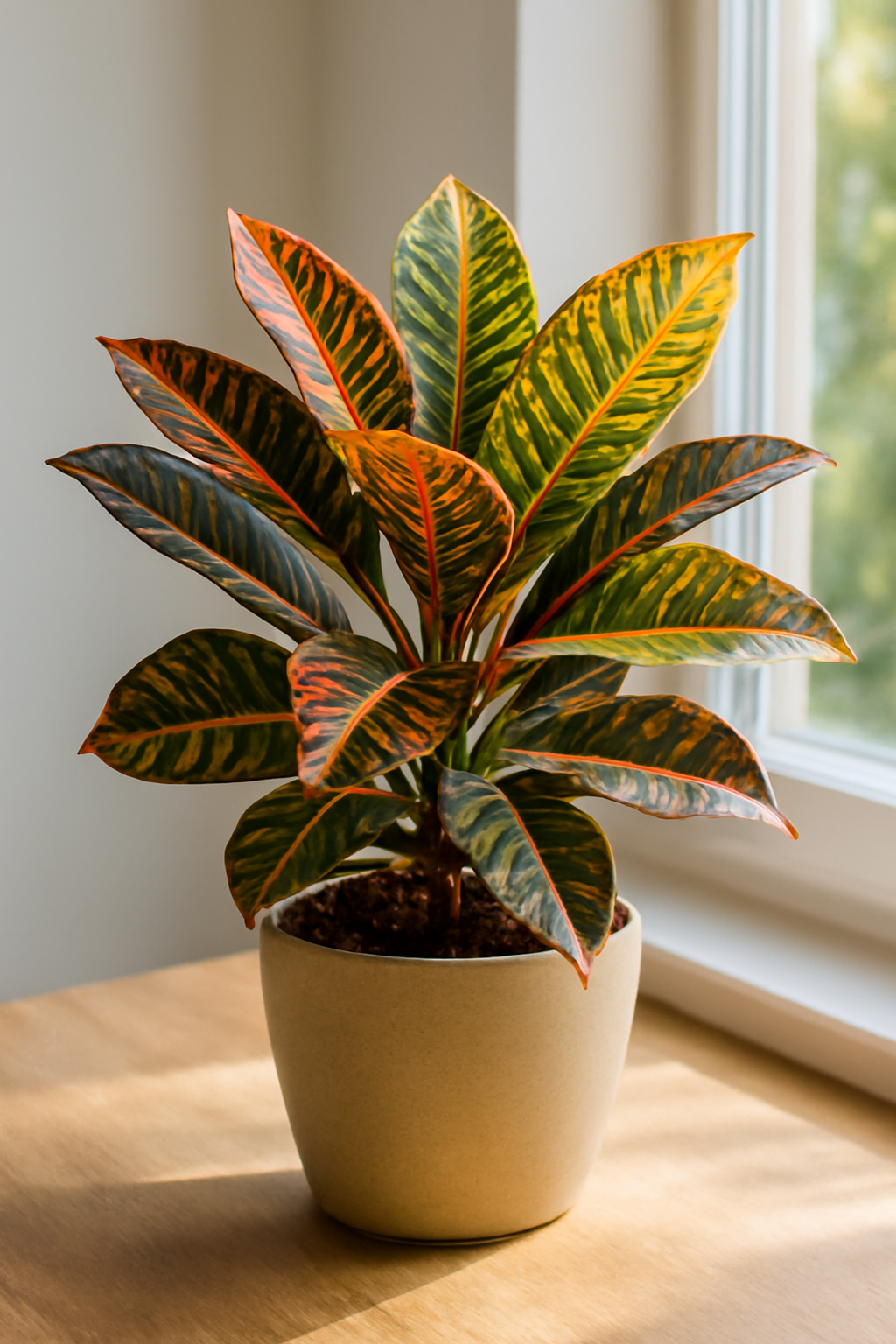 Színes levelekkel rendelkező kroton szobanövény egy világos ablak mellett.