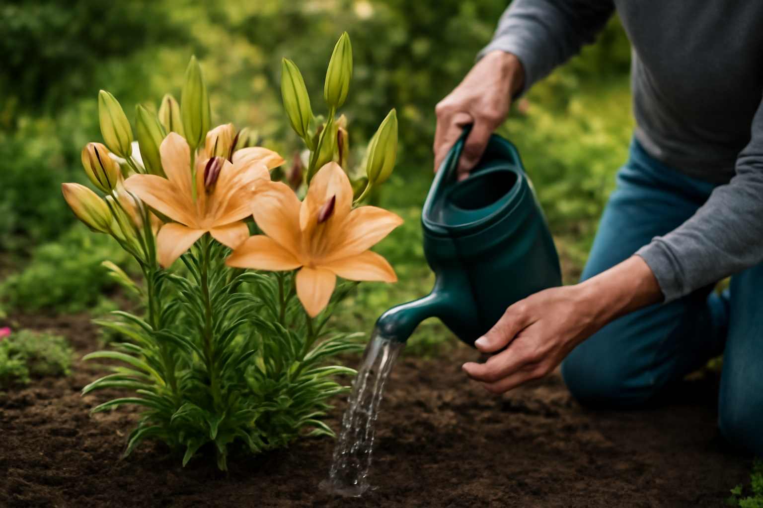 Egy ember öntöz egy liliomot a kertben, gyönyörű virágok között.
