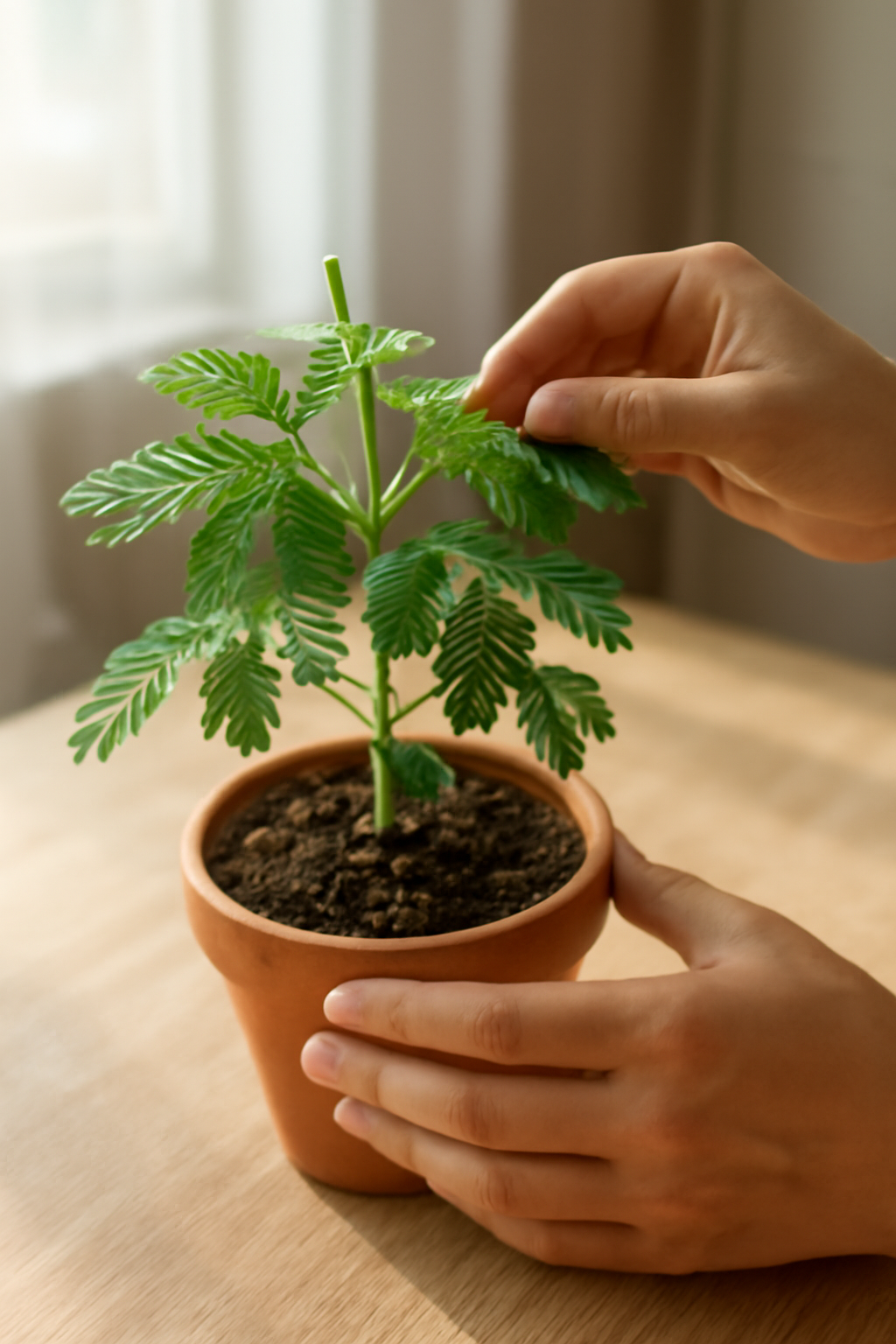 Egy kéz óvatosan érinti a mimóza leveleit egy cserépben, amely földdel van megtöltve.