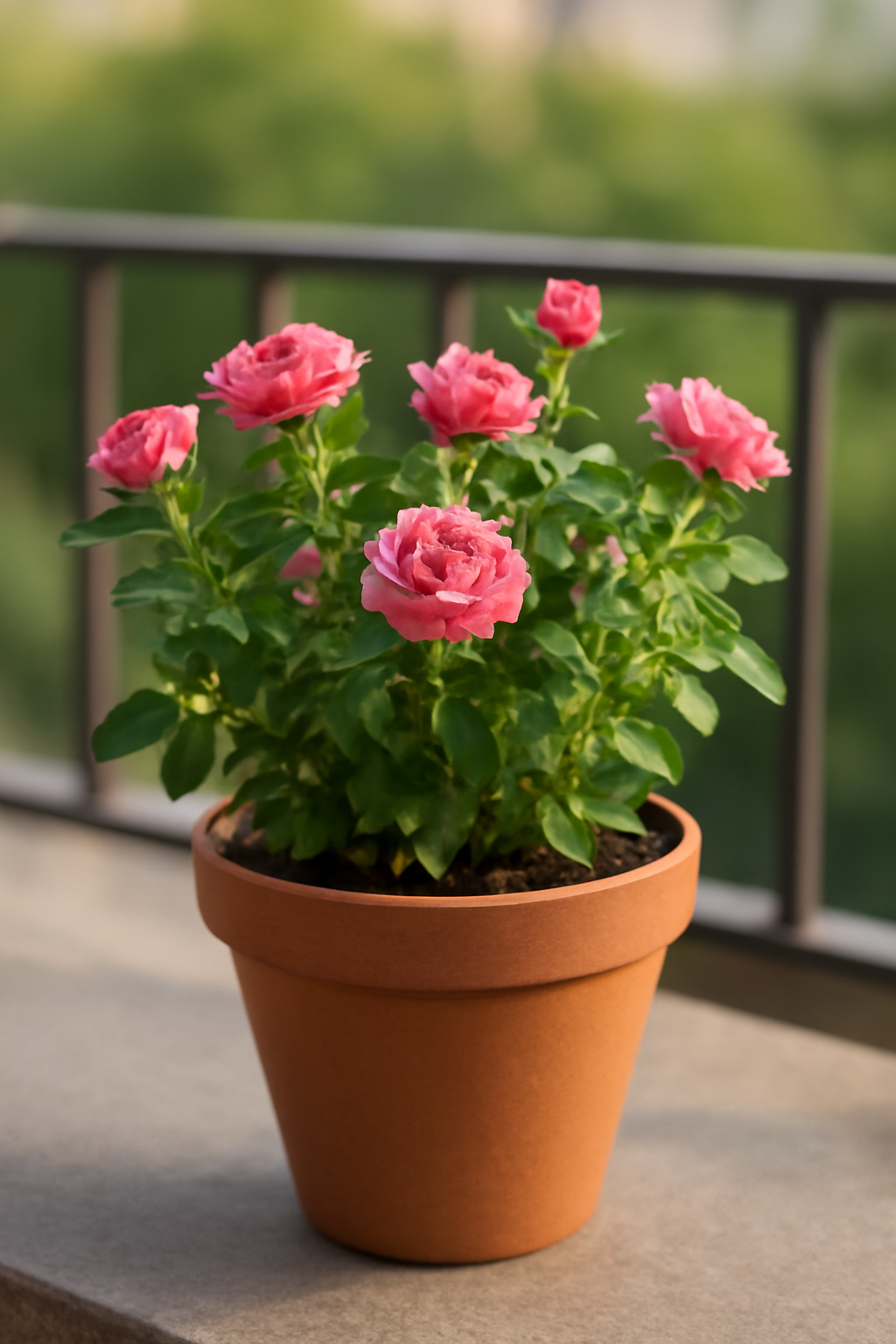 Mini rózsák cserépben, élénk rózsaszín virágokkal, balkonon.
