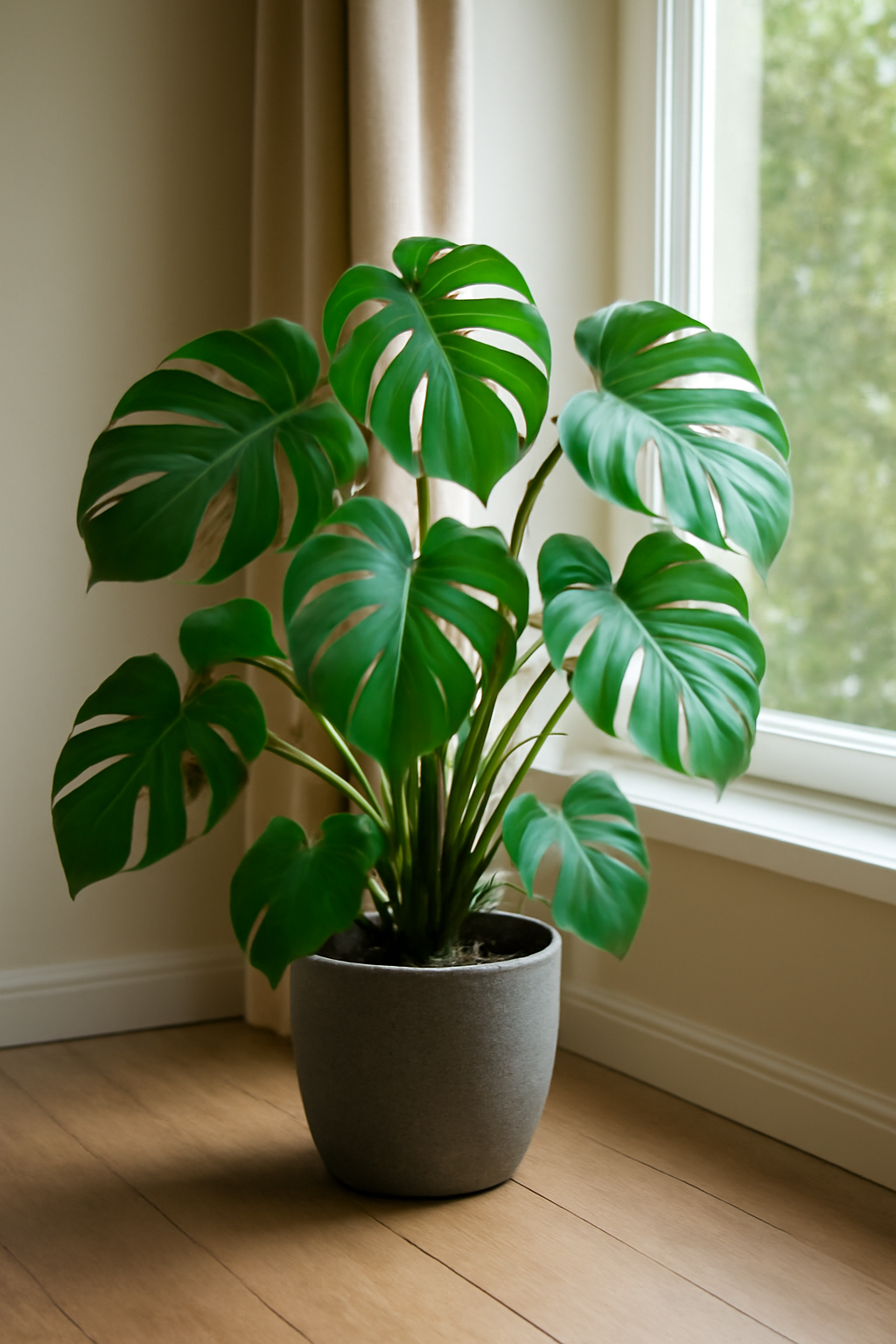 Egy egészséges Monstera szobanövény, nagy zöld levelekkel, világos szobában.