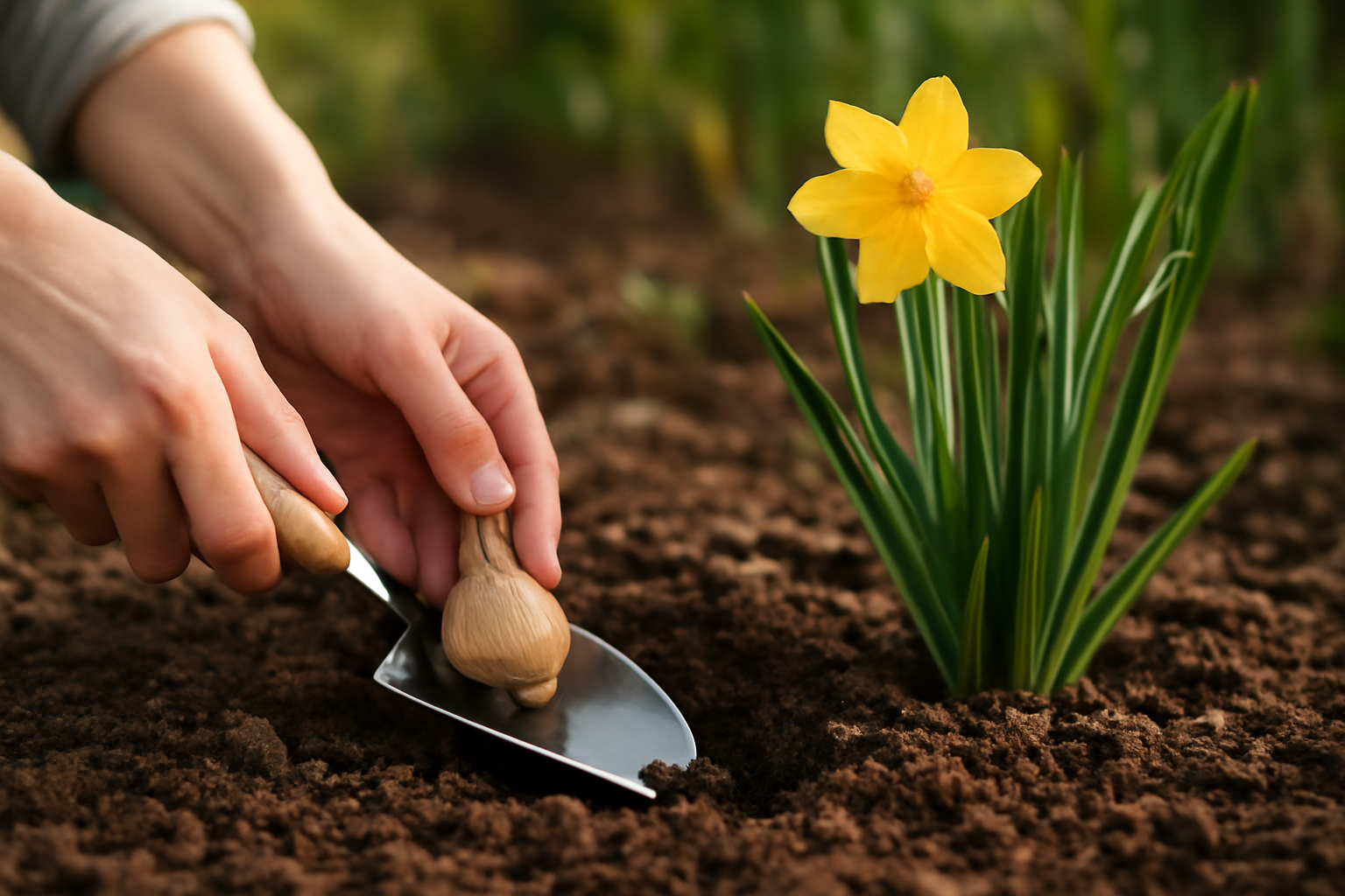 Kéz a földben, nárcisz hagyma ültetése egy virágzó nárcisz mellett.