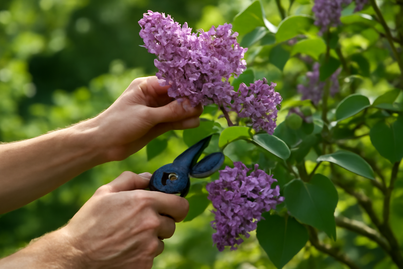 Két kéz orgonabokor virágait metszi, zöld háttér előtt.