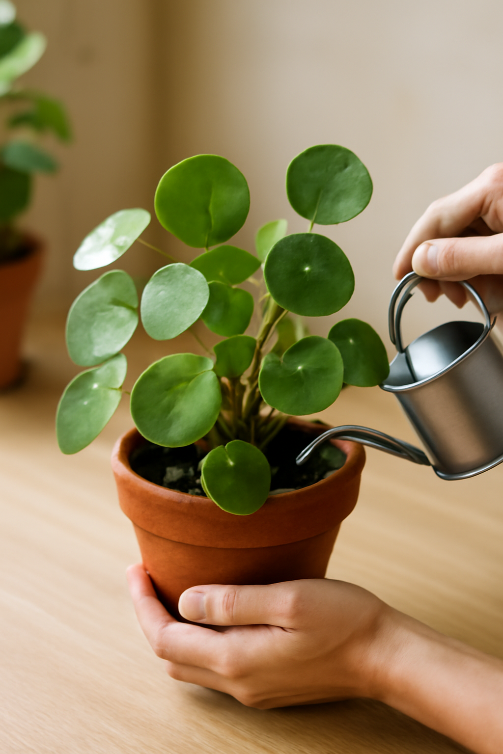 Egy kéz öntöz egy Pilea növényt, amely zöld, kerek levelekkel rendelkezik.