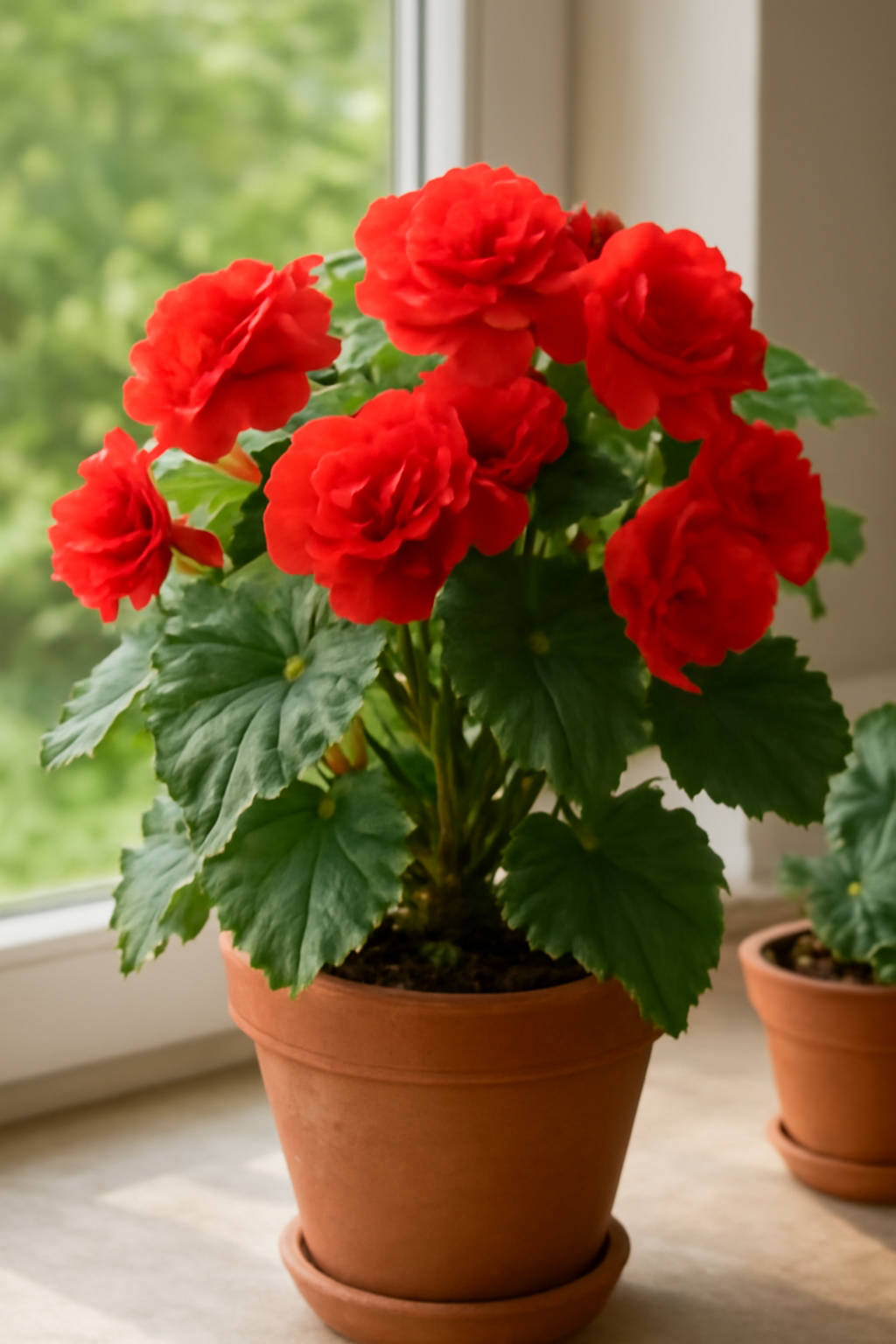 Piros begónia virágokkal teli cserép a napfényben, zöld levelekkel.