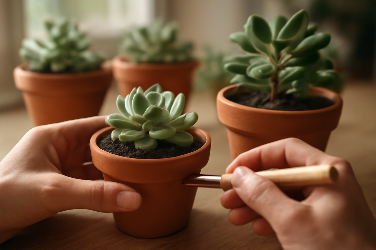 Két kéz, amelyek egy pozsgást ültetnek cserépbe, háttérben más pozsgásokkal.