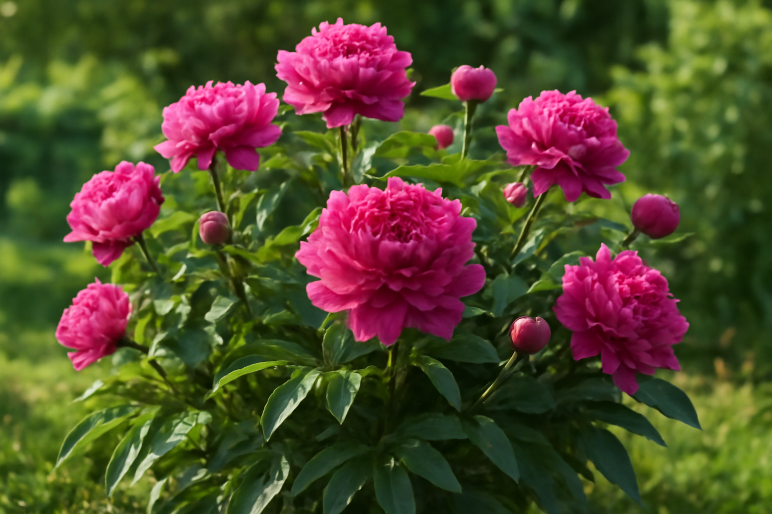 Bőségesen virágzó pünkösdi rózsa, élénk rózsaszín virágokkal és zöld levelekkel.