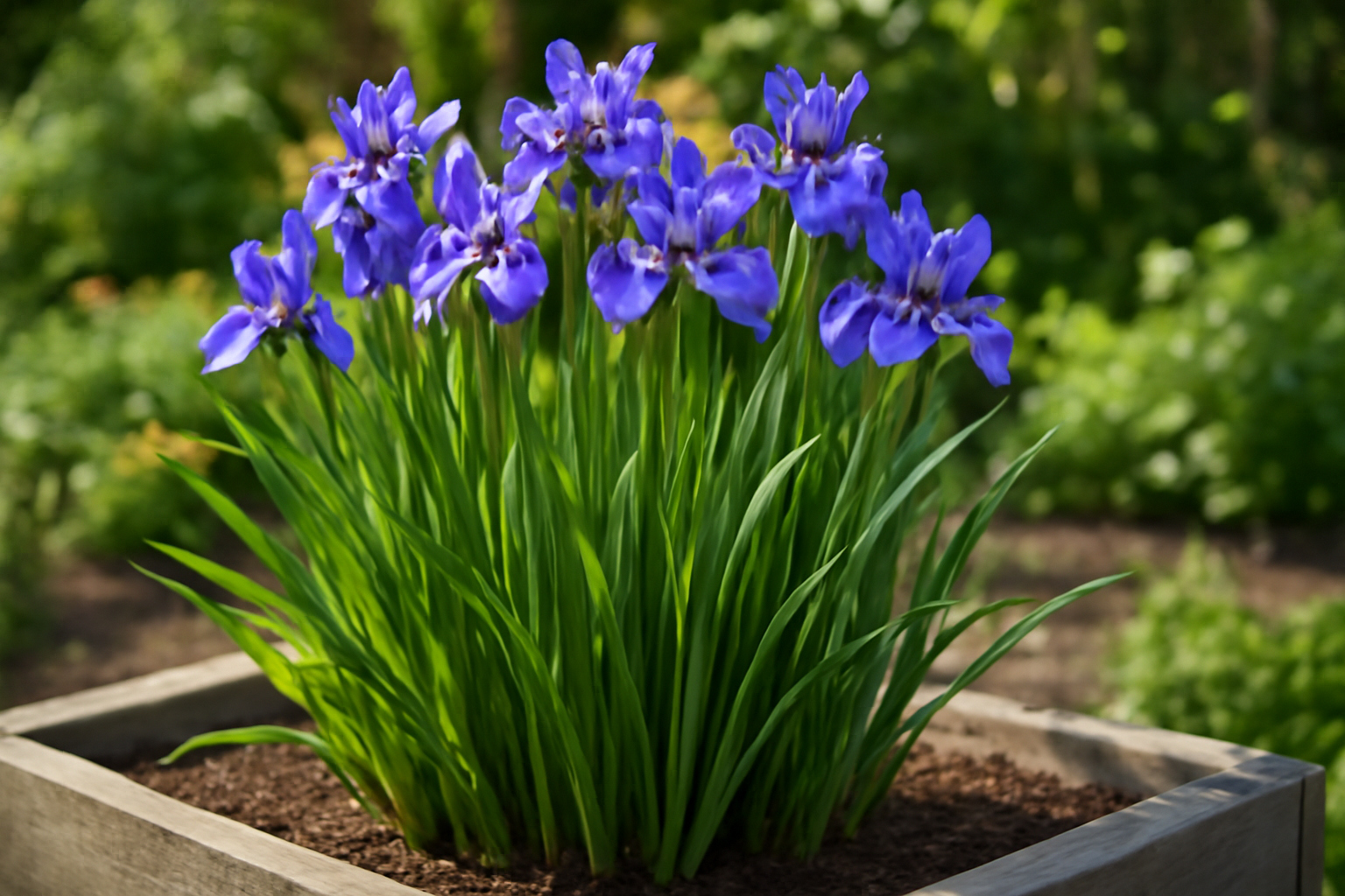 Kék szarkaláb virágok csoportja, zöld levelek között, virágágyásban.