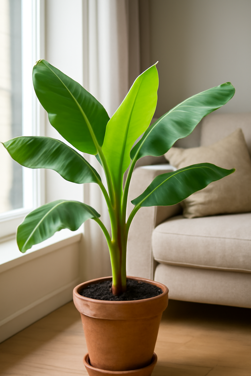 Egy szobai banán növény zöld levelekkel, terrakotta cserépben, világos lakásban.