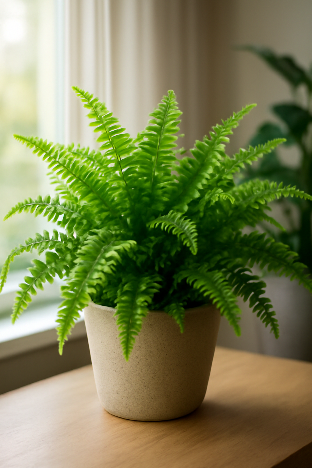 Dús, zöld levelekkel rendelkező szobai páfrány egy világos helyiségben.