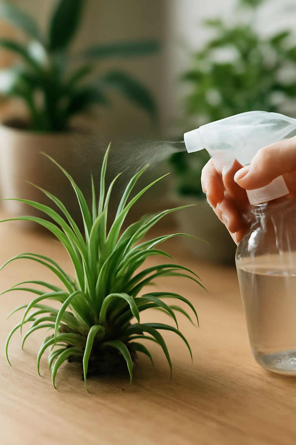 Egy tillandsia levegőnövény, amit vízzel permeteznek, szobanövények között.