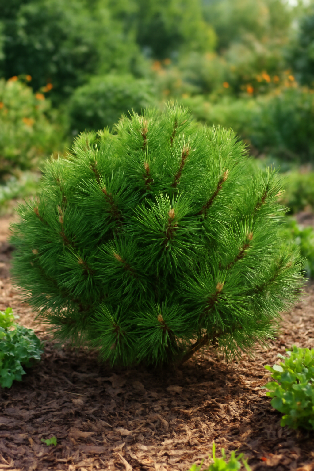 Törpe fenyő dús zöld lombbal, talajon elhelyezve, körülötte más növényekkel.
