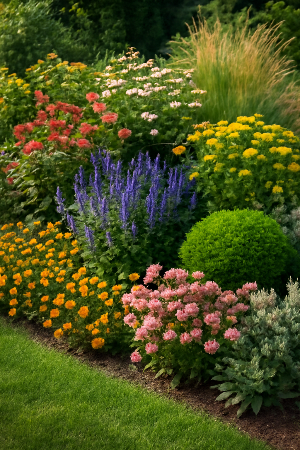 Színes virágágyás különböző virágokkal és örökzöldekkel, harmonikus elrendezésben.
