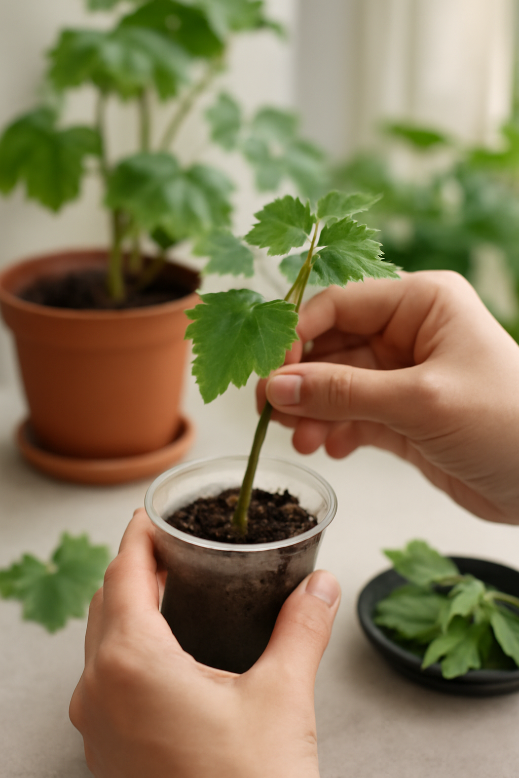 Kézben tartott cissus dugvány, ültetéshez előkészítve, háttérben zöld növények.