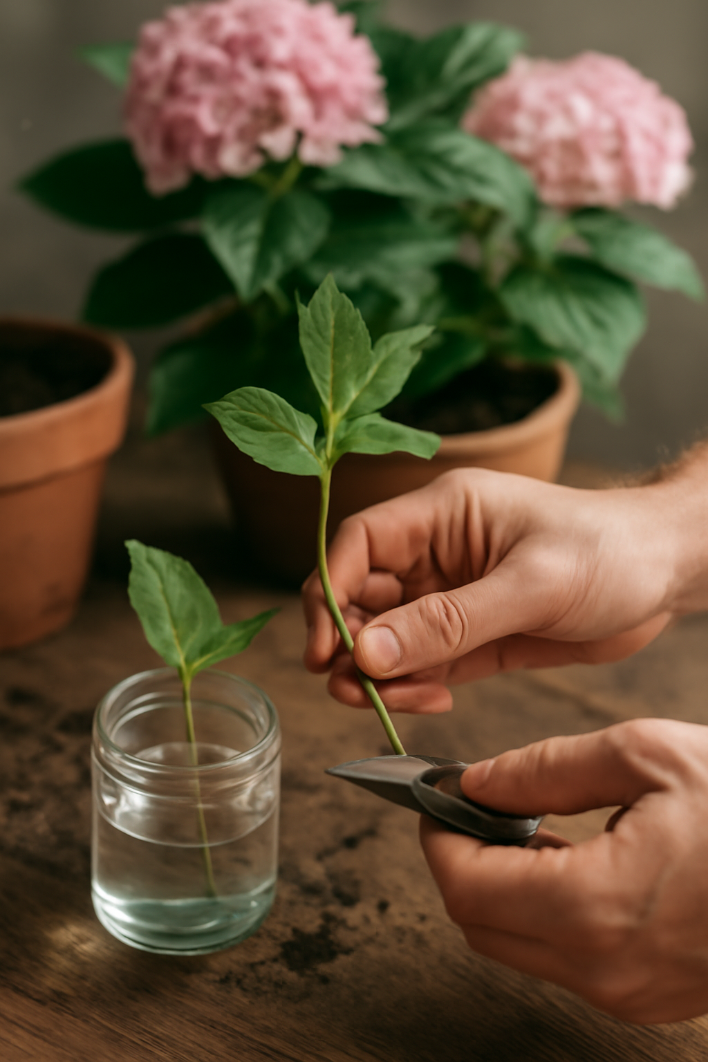 Kézben tartott hortenziadugvány, vízben álló üvegben, háttérben virágzó hortenzia.