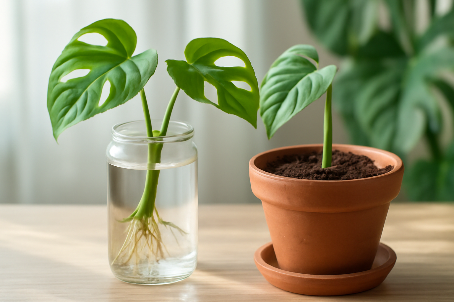 Két Monstera dugvány, az egyik vízben gyökerezik, a másik cserépben áll.