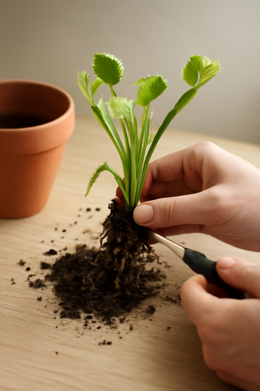 Kézben tartott vitorlavirág tőosztás közben, friss zöld levelekkel.