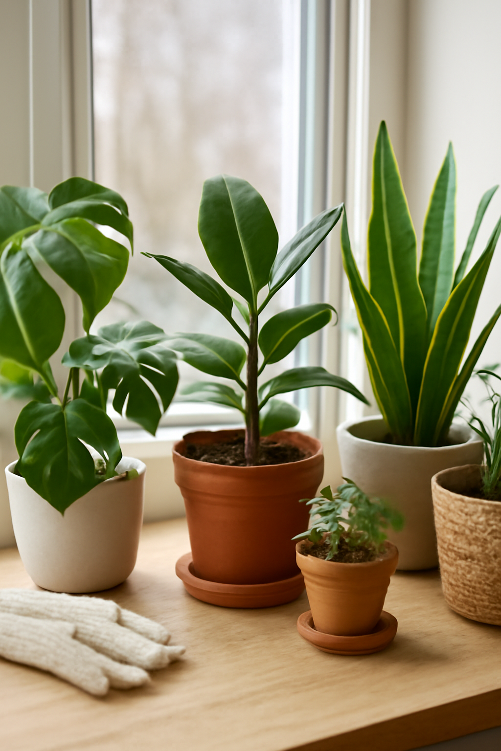 Többféle szobanövény, köztük Monstera és Sansevieria, egy ablakpárkányon.