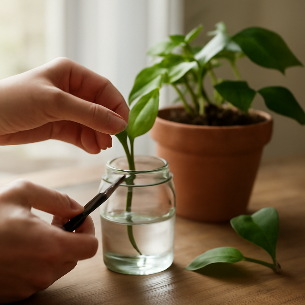 Egy kéz szobanövény levágott hajtását helyezi egy vízzel teli üvegbe.