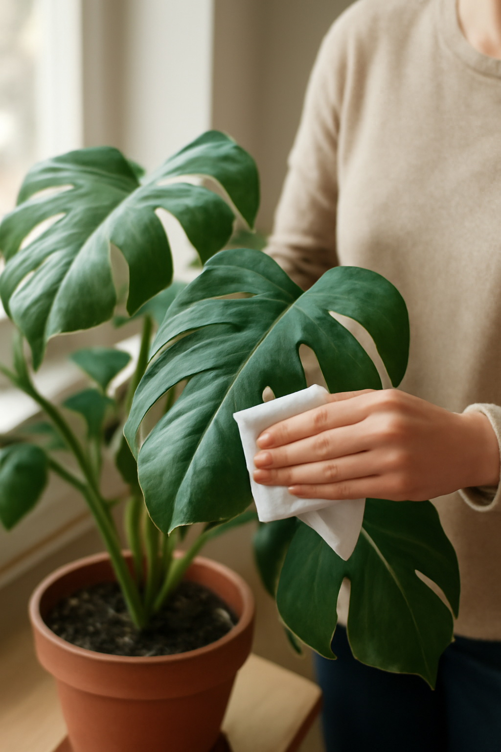 Egy személy éppen tisztítja a szobanövény leveleit, hogy eltávolítsa a port.