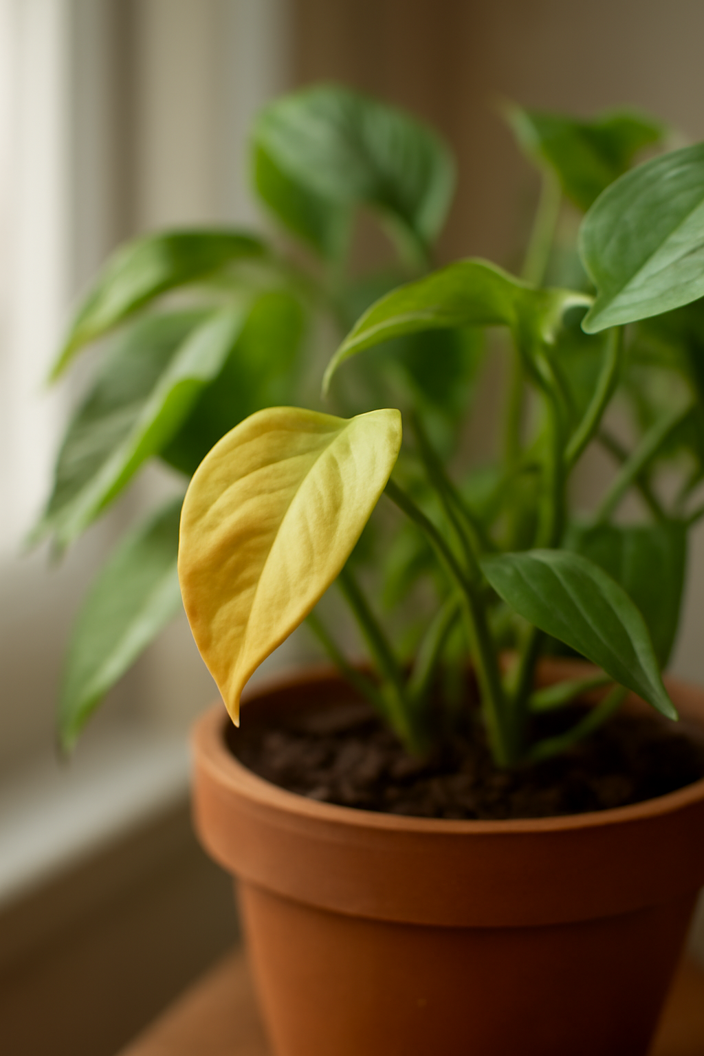 Egy szobanövény, amelynek sárguló levele a levélhullás jele lehet.