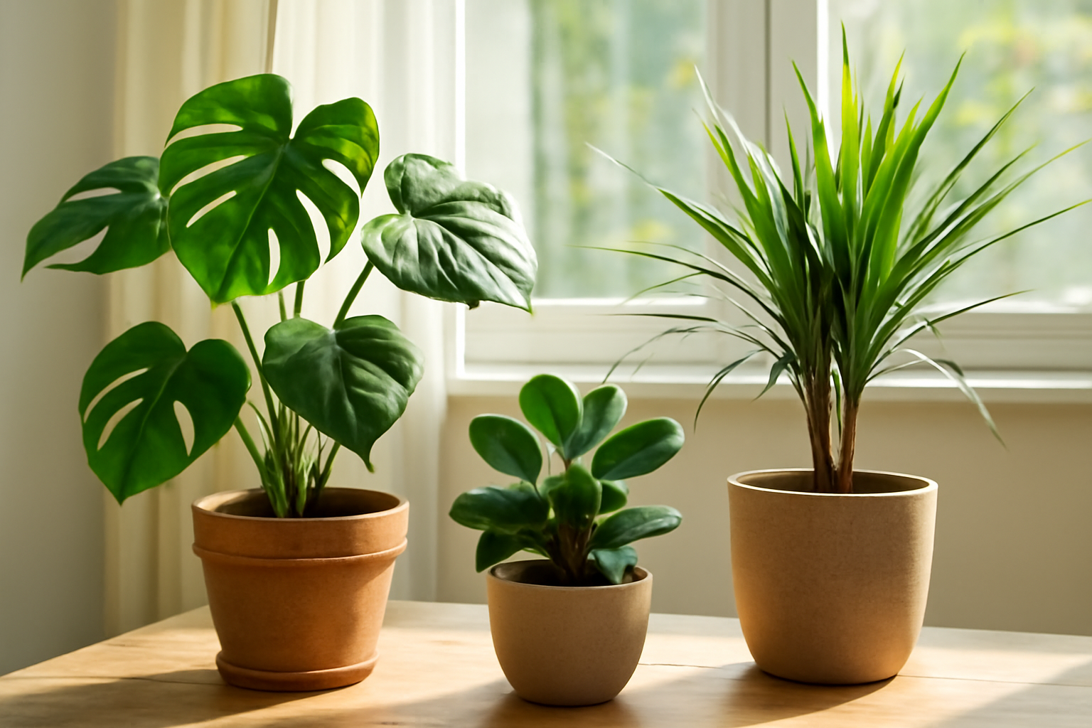 Három különböző szobanövény, köztük Monstera és zöld növények, világos helyiségben.