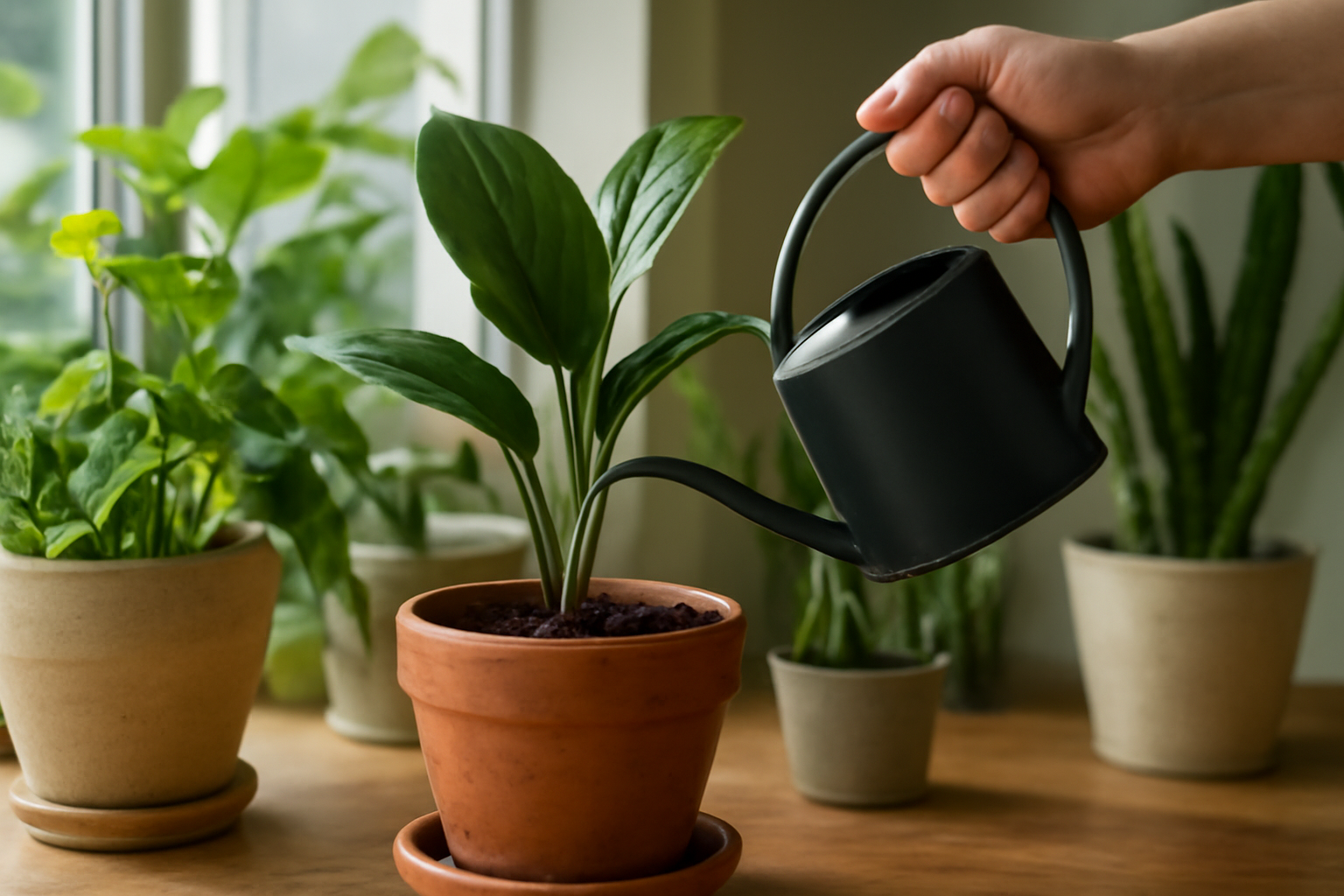 Egy kéz öntözőkannával öntözi a cserepes szobanövényt egy világos szobában.