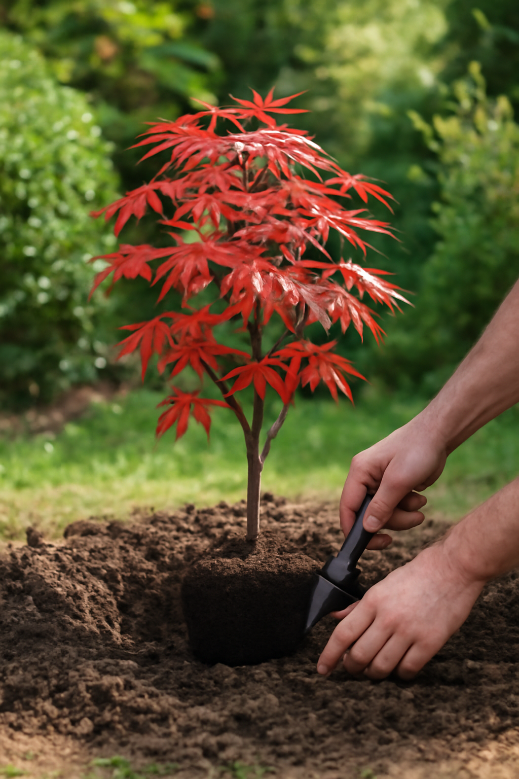 Egy japán juhar ültetése a díszkertben, élénk piros levelekkel.