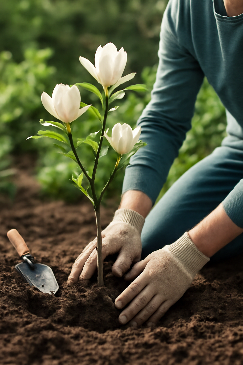 Egy ember magnóliát ültet a földbe, virágzó hajtásokkal.