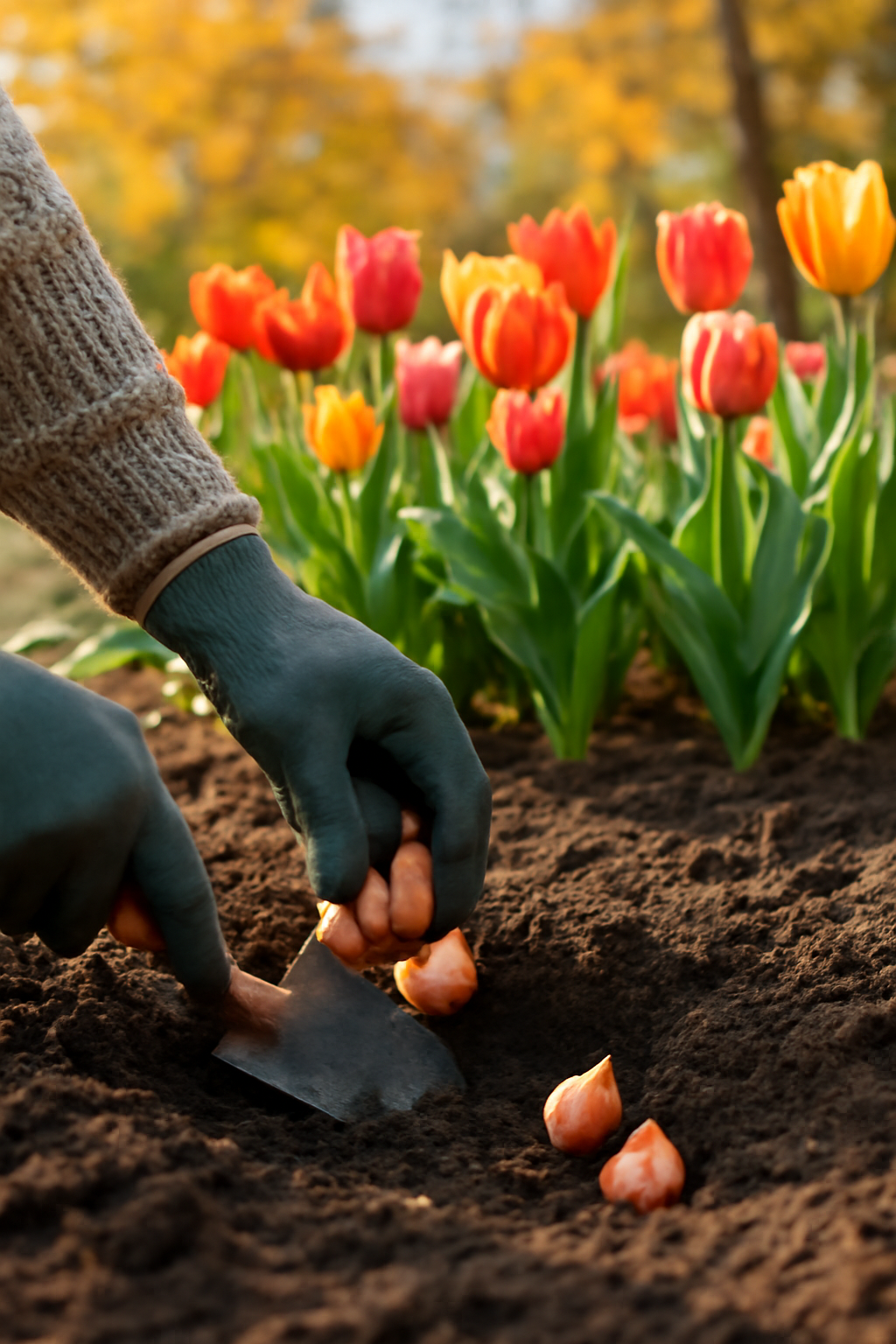 Egy kertész tulipánhagymákat ültet a földbe, mögötte színes tulipánok virágoznak.